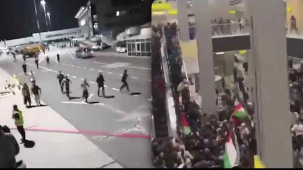 Crowd protests the arrival of an Israeli flight at Makhachkala Uytash Airport in Dagestan