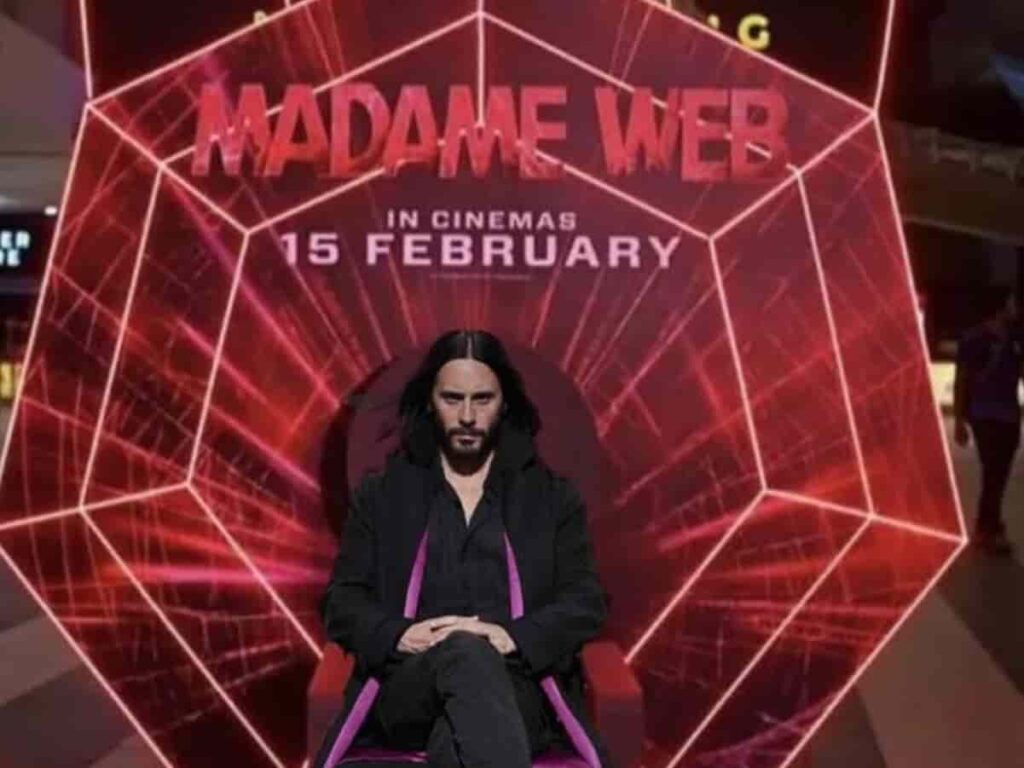 Poster featuring Dakota Johnson as Madame Web, surrounded by images of Sydney Sweeney, Celeste O'Connor, and Isabela Merced.