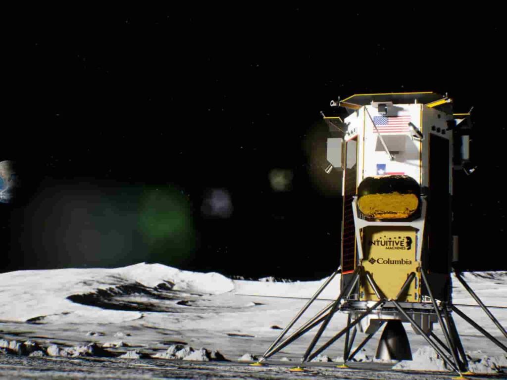 Image of the lunar surface with a spacecraft landed near the moon's south pole.