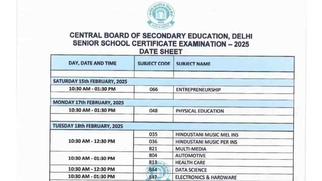 CBSE Date Sheet 2025